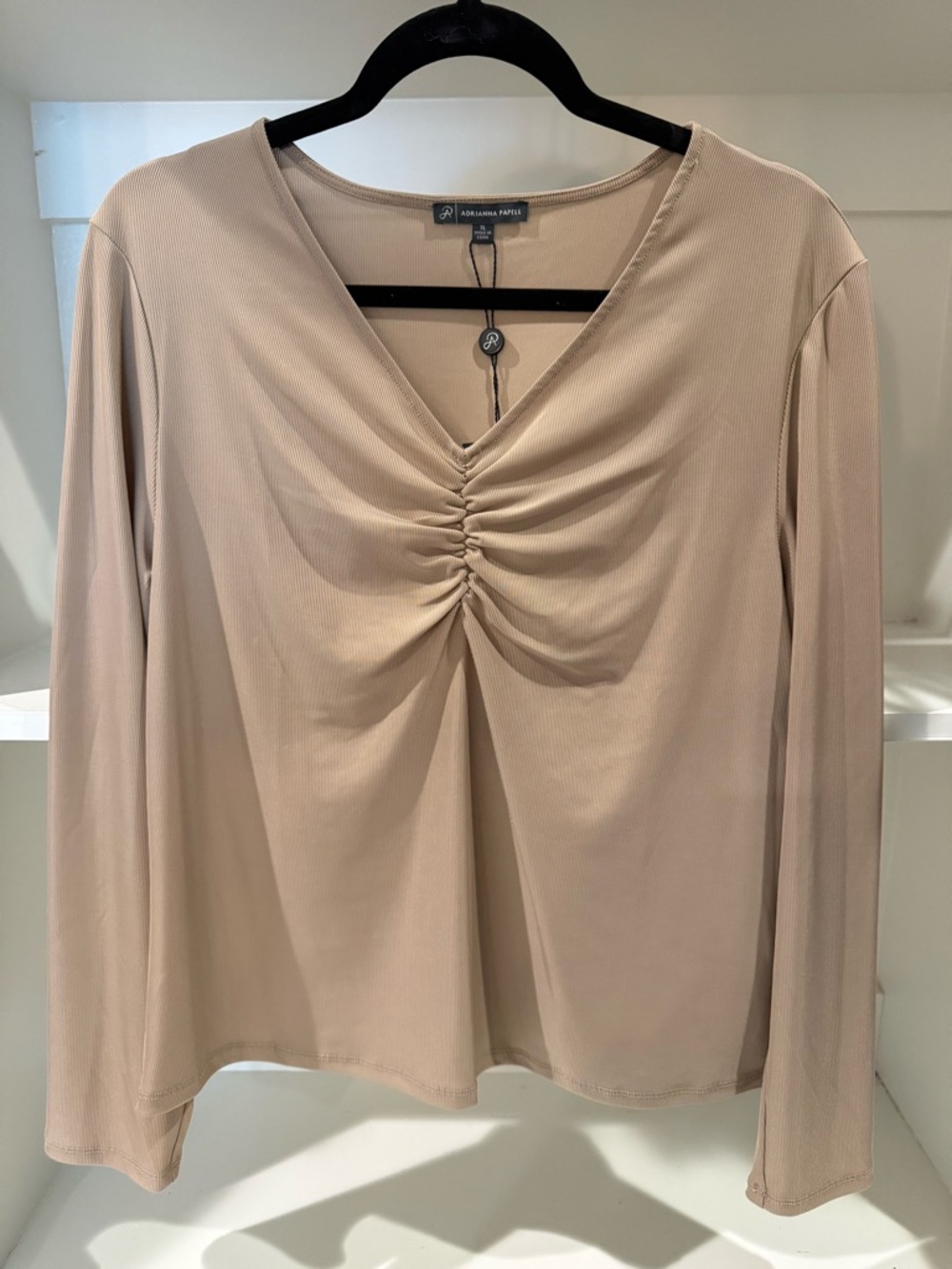 Adrianna Papell Beige Ruched V-Neck Long Sleeve Top